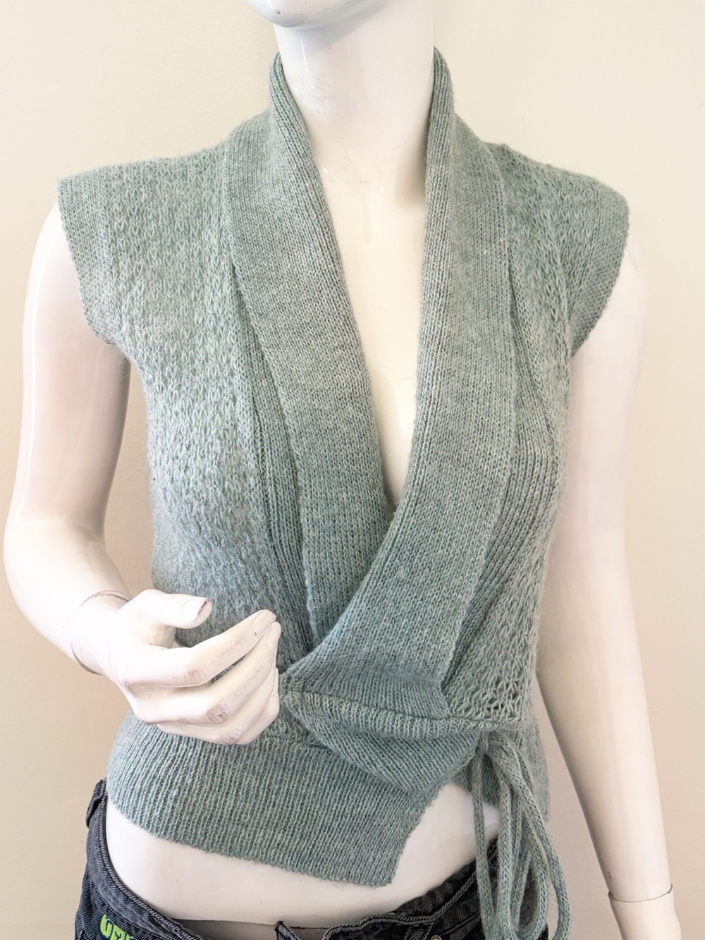 Vintage Forever 21 Sage Green Blue Tone Knit Wrap Mohair Sleeveless Sweater Top